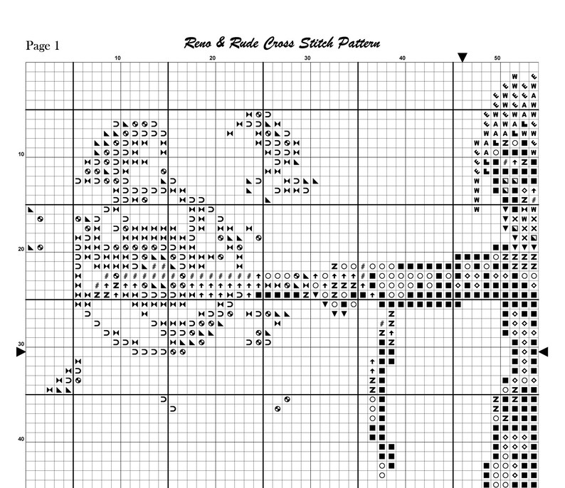 May include: A black and white cross-stitch pattern titled "Reno & Rude Cross Stitch Pattern" with a grid layout. The pattern includes various symbols and letters, with the word "Page 1" in the upper left corner.