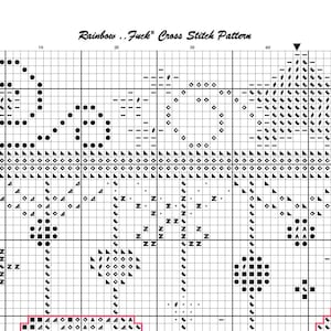 May include: A black and white cross-stitch pattern with the text "Rainbow .. Fuck" and "Page 1". The pattern features geometric shapes, letters, and symbols arranged in a grid, suitable for needlecraft projects.