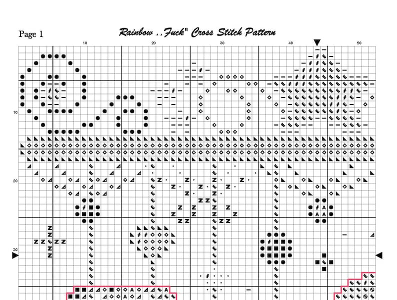 May include: A black and white cross-stitch pattern with the text "Rainbow .. Fuck" and "Page 1". The pattern features geometric shapes, letters, and symbols arranged in a grid, suitable for needlecraft projects.