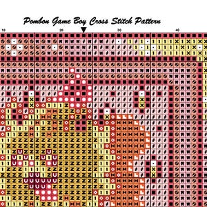 May include: A cross-stitch pattern titled "Pombon Game Boy Cross Stitch Pattern" on a grid. The design features a pixelated image in shades of red, yellow, and brown. The text "Page 1" is visible in the upper left corner.