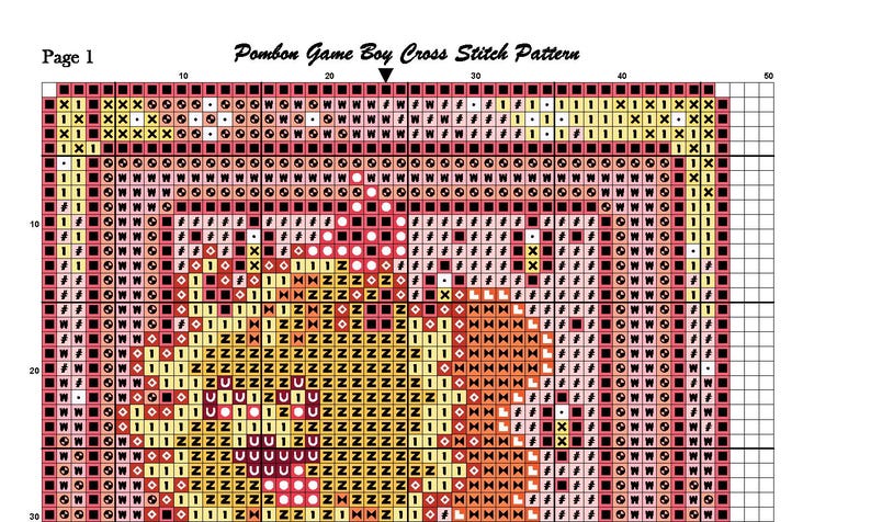 May include: A cross-stitch pattern titled "Pombon Game Boy Cross Stitch Pattern" on a grid. The design features a pixelated image in shades of red, yellow, and brown. The text "Page 1" is visible in the upper left corner.