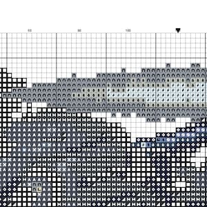 May include: A cross stitch pattern featuring a black and white image of a wolf howling at the moon. The pattern is on a grid with black lines and white squares. The wolf is in the center of the pattern and the moon is in the upper right corner.