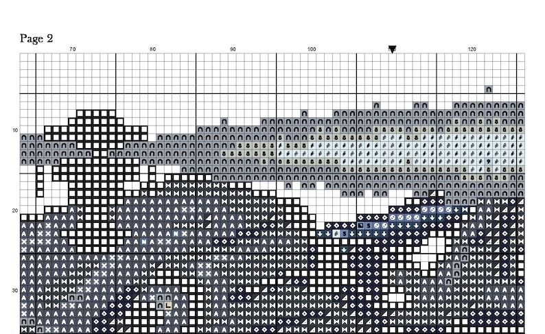 May include: A cross stitch pattern featuring a black and white image of a wolf howling at the moon. The pattern is on a grid with black lines and white squares. The wolf is in the center of the pattern and the moon is in the upper right corner.