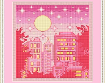 Tokyo Cityscape Cross Stitch Pattern, Anime Cross Stitch, Kawaii Cross Stitch, Pink Cross Stitch, Pixel Art Cross Stitch, Cute, City, PDF