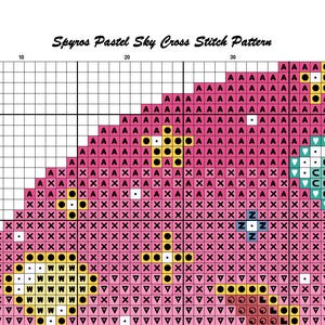 May include: Cross-stitch pattern titled "Spyros Pastel Sky" on graph paper. The design features a pink background with yellow stars, white accents, and a teal heart-shaped element. Page 1 is visible.