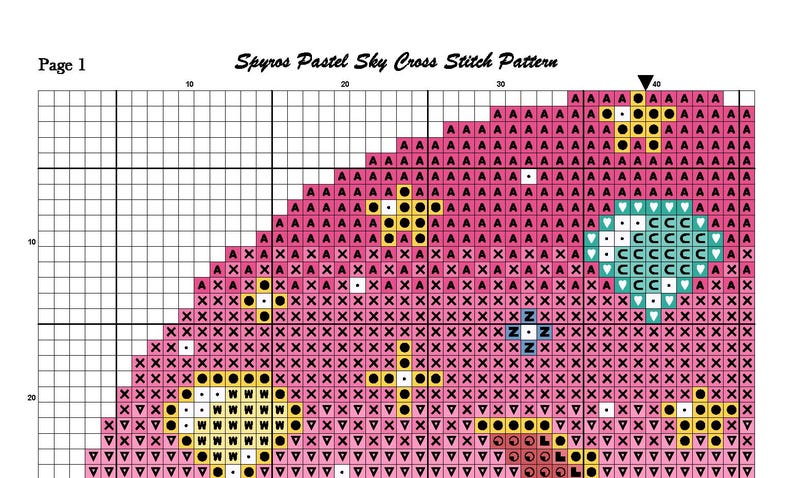 May include: Cross-stitch pattern titled "Spyros Pastel Sky" on graph paper. The design features a pink background with yellow stars, white accents, and a teal heart-shaped element. Page 1 is visible.