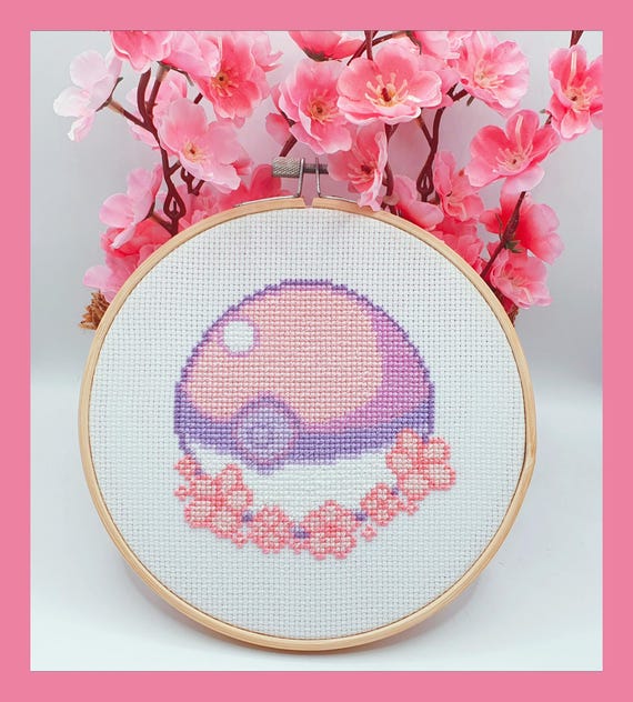 Pastel Pokeball Cross Stitch Pattern, Cherry Blossom Cross Stitch, Game Cross Stitch, Anime Cross Stitch, Kawaii Cross Stitch, Counted, PDF