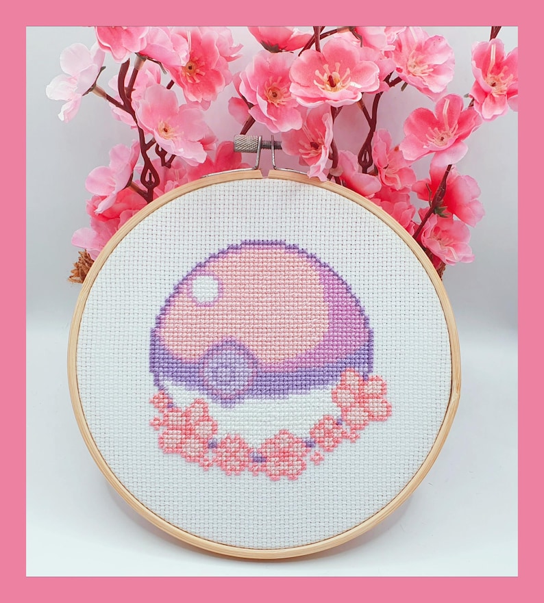 Pastel Pokeball Cross Stitch Pattern, Cherry Blossom Cross Stitch, Game Cross Stitch, Anime Cross Stitch, Kawaii Cross Stitch, Counted, PDF image 1