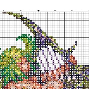 May include: Cross stitch pattern for a colorful pumpkin with green leaves and a black stem. The pattern is on a grid with symbols for different colors.