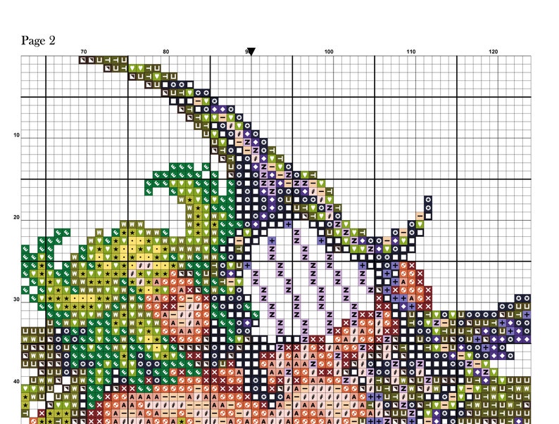May include: Cross stitch pattern for a colorful pumpkin with green leaves and a black stem. The pattern is on a grid with symbols for different colors.