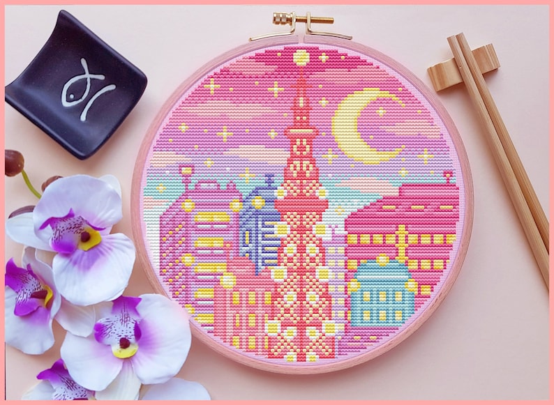 Tokyo Tower Cross Stitch Pattern, Japan Cross Stitch, Pastel Cross Stitch, Cute Cross Stitch, Japanese Cross Stitch, City Cross Stitch, PDF image 1