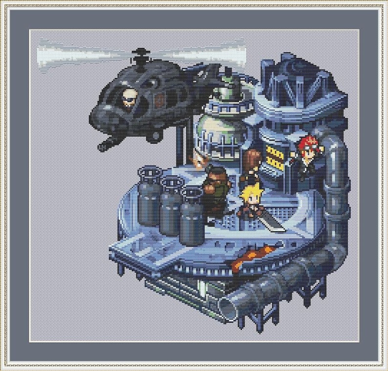 May include: A pixelated illustration of a scene from a video game. A black helicopter flies over a futuristic, gray and blue building with multiple levels. Several characters stand on the building's platform, including a woman with red hair and a man with a beard.
