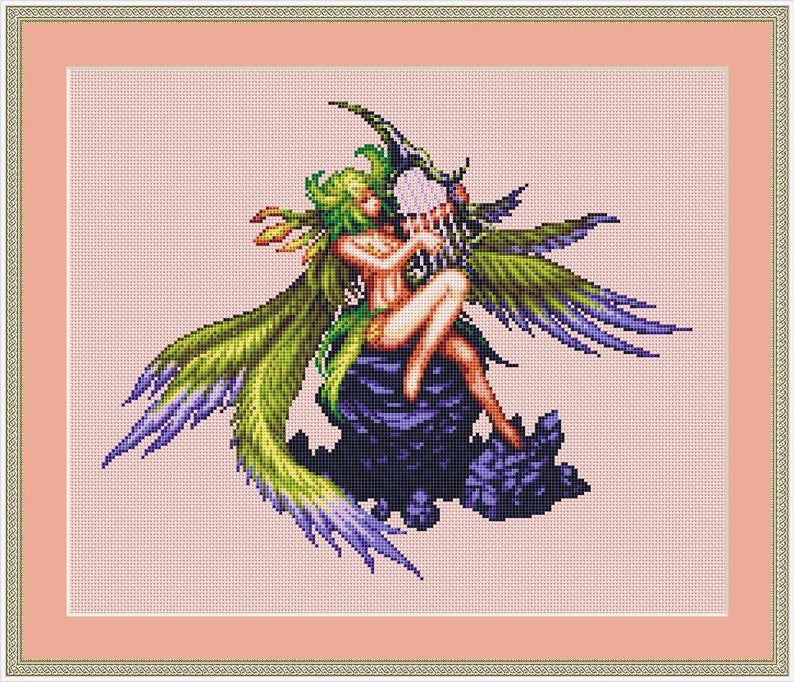 May include: A cross-stitch pattern featuring a green and purple winged fairy playing a harp while sitting on a rock.
