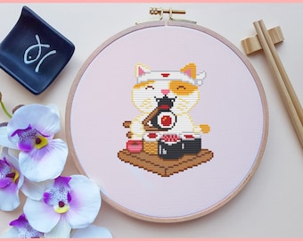 Japan Cat Cross Stitch Pattern, Sushi, Ramen, (PDF)