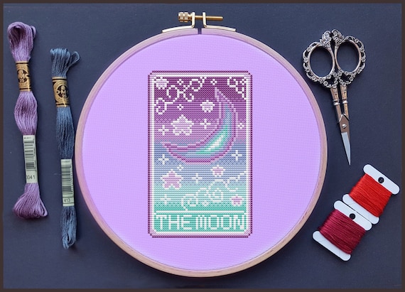 Tarot Cross Stitch Pattern, The Moon, Pastel, (PDF)