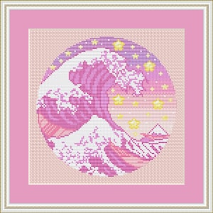 May include: A pink and purple cross-stitch pattern of a wave with stars and mountains in the background.