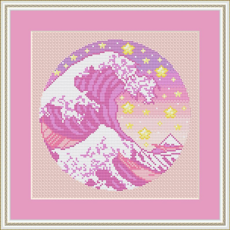 May include: A pink and purple cross-stitch pattern of a wave with stars and mountains in the background.