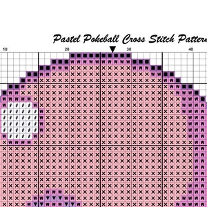 May include: A cross stitch pattern for a pastel colored Pokeball. The pattern is on a grid with the numbers 10, 20, 30, 40, and 50 marked along the top and 10 and 20 marked along the left side.