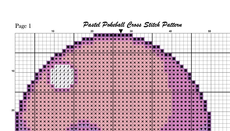May include: A cross stitch pattern for a pastel colored Pokeball. The pattern is on a grid with the numbers 10, 20, 30, 40, and 50 marked along the top and 10 and 20 marked along the left side.