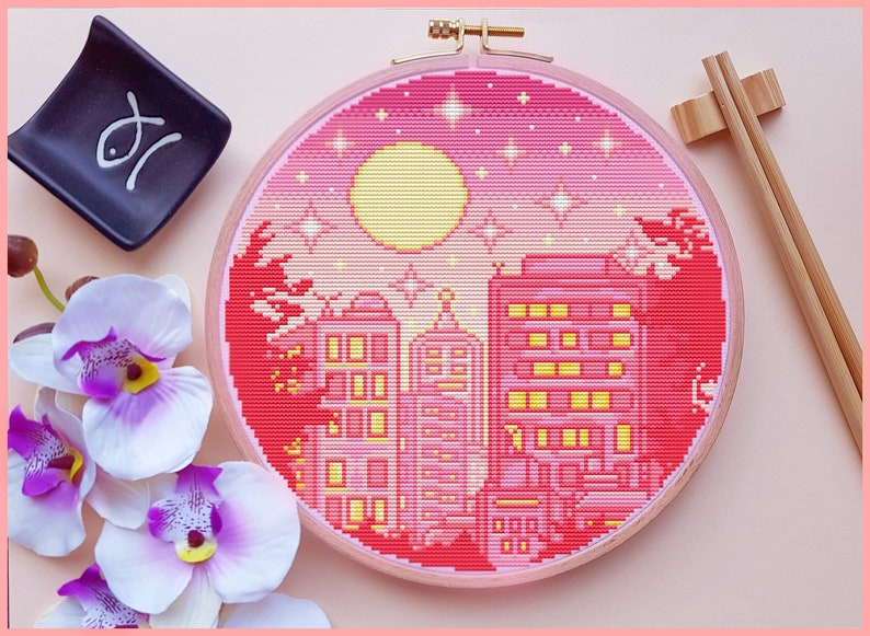 Pastell Cityscape Cross Stitch Pattern, Anime Cross Stitch, Kawaii Cross Stitch, Galaxy Cross Stitch, Modern Cross Stitch, Cute, Pink, PDF image 1