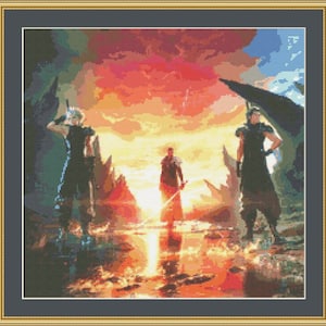 Può includere: Tre figure si trovano in un paesaggio drammatico con un tramonto infuocato. Le figure sono in silhouette contro il cielo arancione e giallo brillante. La scena ricorda un videogioco fantasy.