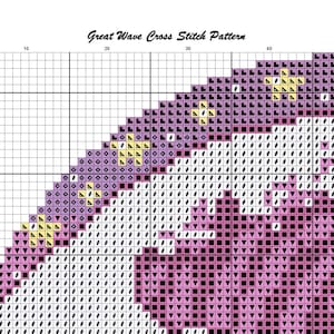 May include: Cross stitch pattern for a Great Wave design. The pattern features a wave with a pink and white design, with yellow accents. The pattern is on a grid with numbers along the top and side.