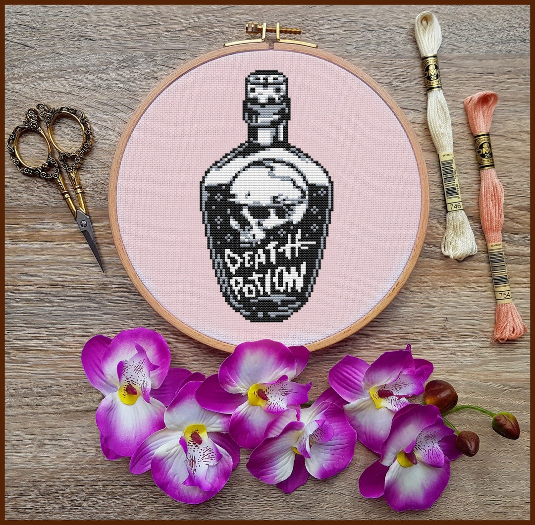 Witchy Potion Cross Stitch Pattern, Skull Cross Stitch, Witch Cross