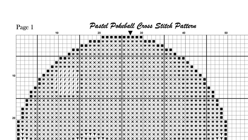 May include: A black and white cross stitch pattern for a Pokeball. The pattern is on a grid with numbers 10, 20, 30, 40, and 50 along the top and 10 and 20 along the left side. The text "Pastel Pokeball Cross Stitch Pattern" is at the top of the grid.