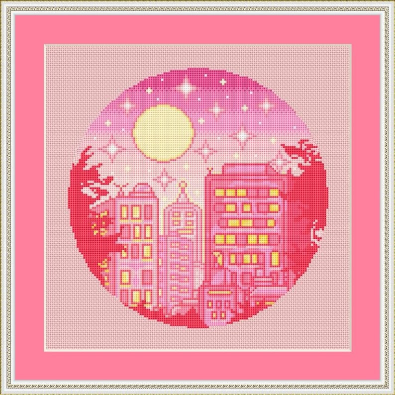 Pastell Cityscape Cross Stitch Pattern, Anime Cross Stitch, Kawaii Cross Stitch, Galaxy Cross Stitch, Modern Cross Stitch, Cute, Pink, PDF image 2