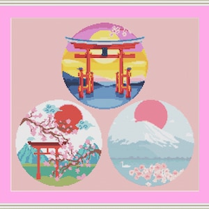 Japan Cross Stitch Pattern Set, Landscape Cross Stitch, Pastel Cross Stitch, Anime Cross Stitch, Torii Cross Stitch, Counted Cross Stitch