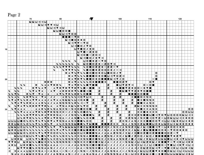 May include: Black and white cross stitch pattern chart with a design of a bird in flight. The chart is divided into squares with symbols representing different colors of thread. The chart is labeled "Page 2" and has numbers along the top and side.
