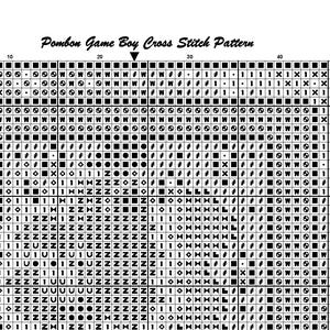 May include: A cross-stitch pattern titled "Pombon Game Boy Cross Stitch Pattern" with a grid of black and white squares, circles, and symbols. The text "Page 1" is in the upper left corner.