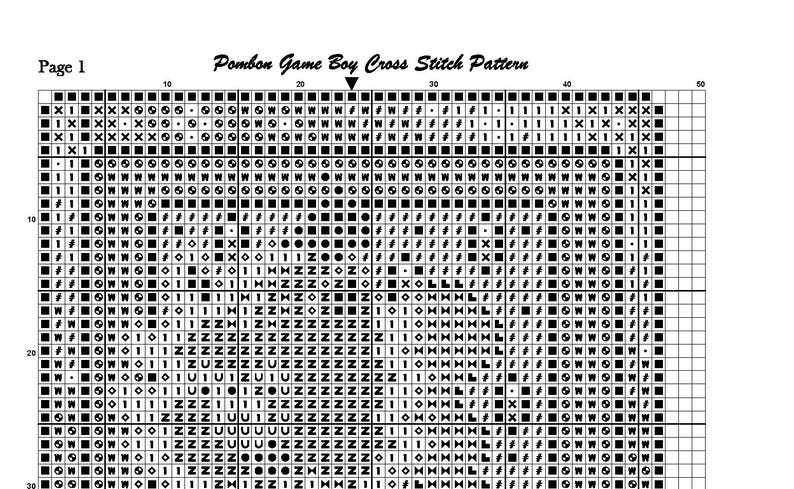 May include: A cross-stitch pattern titled "Pombon Game Boy Cross Stitch Pattern" with a grid of black and white squares, circles, and symbols. The text "Page 1" is in the upper left corner.