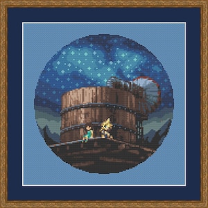 Peut inclure: Un motif de point de croix repr&eacute;sentant une sc&egrave;ne circulaire avec une structure en bois, deux personnages et un ciel nocturne &eacute;toil&eacute;.