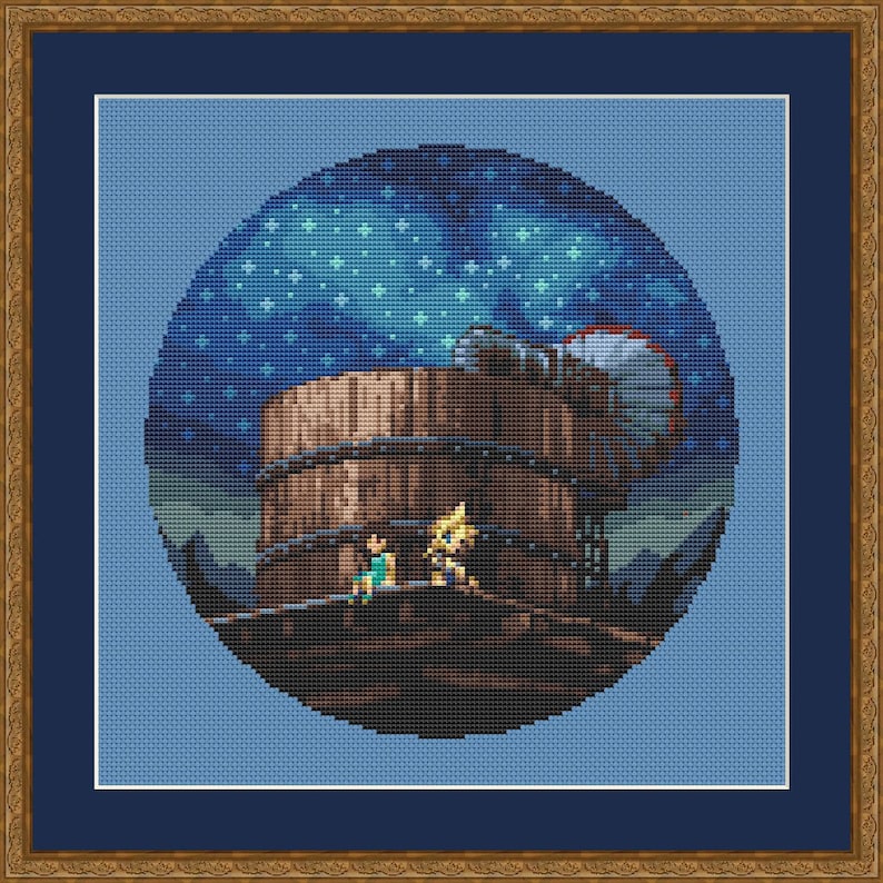 Peut inclure: Un motif de point de croix repr&eacute;sentant une sc&egrave;ne circulaire avec une structure en bois, deux personnages et un ciel nocturne &eacute;toil&eacute;.