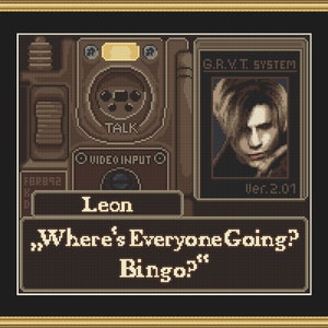 May include: A pixelated image of a video game character, Leon, from the game Resident Evil 2. The image is a screenshot of the game's in-game dialogue, with Leon saying "Where's Everyone Going? Bingo?" The image is in a brown and black color scheme.