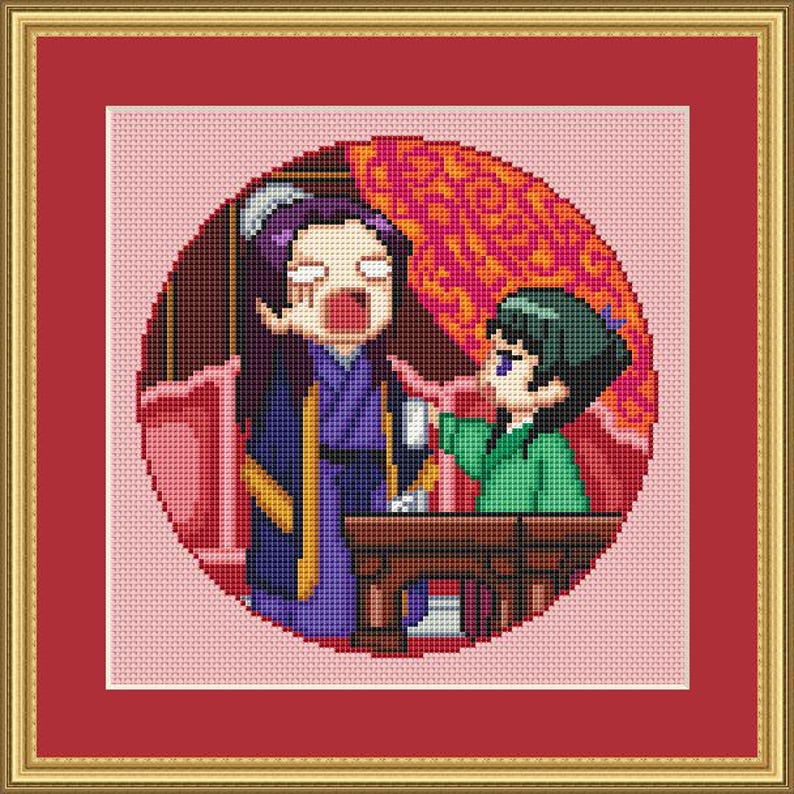 May include: Cross-stitch artwork depicting two figures in a scene, framed in gold. One figure wears purple and the other green, set against a pink background. The artwork is inside a red mat.