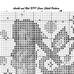 Puede incluir: Patr&oacute;n de punto de cruz en blanco y negro para un personaje de videojuego. El patr&oacute;n incluye el texto "Aerith and Red XIII Cross Stitch Pattern".