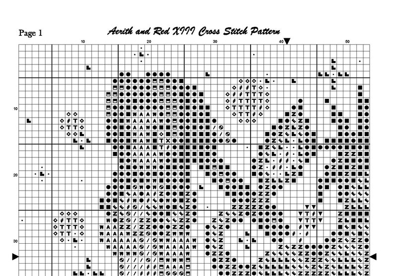 Puede incluir: Patr&oacute;n de punto de cruz en blanco y negro para un personaje de videojuego. El patr&oacute;n incluye el texto "Aerith and Red XIII Cross Stitch Pattern".