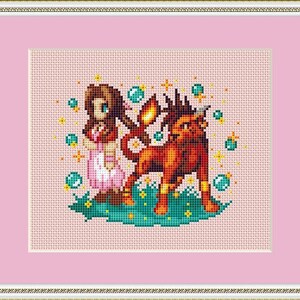 Puede incluir: Patr&oacute;n de punto de cruz con una ni&ntilde;a de pelo largo casta&ntilde;o y un vestido rosa de pie junto a una criatura m&iacute;tica roja y naranja con cuernos y alas. El fondo es rosa con estrellas blancas y azules.