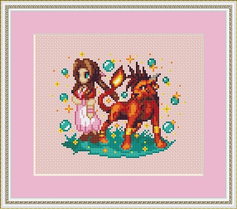 Puede incluir: Patr&oacute;n de punto de cruz con una ni&ntilde;a de pelo largo casta&ntilde;o y un vestido rosa de pie junto a una criatura m&iacute;tica roja y naranja con cuernos y alas. El fondo es rosa con estrellas blancas y azules.