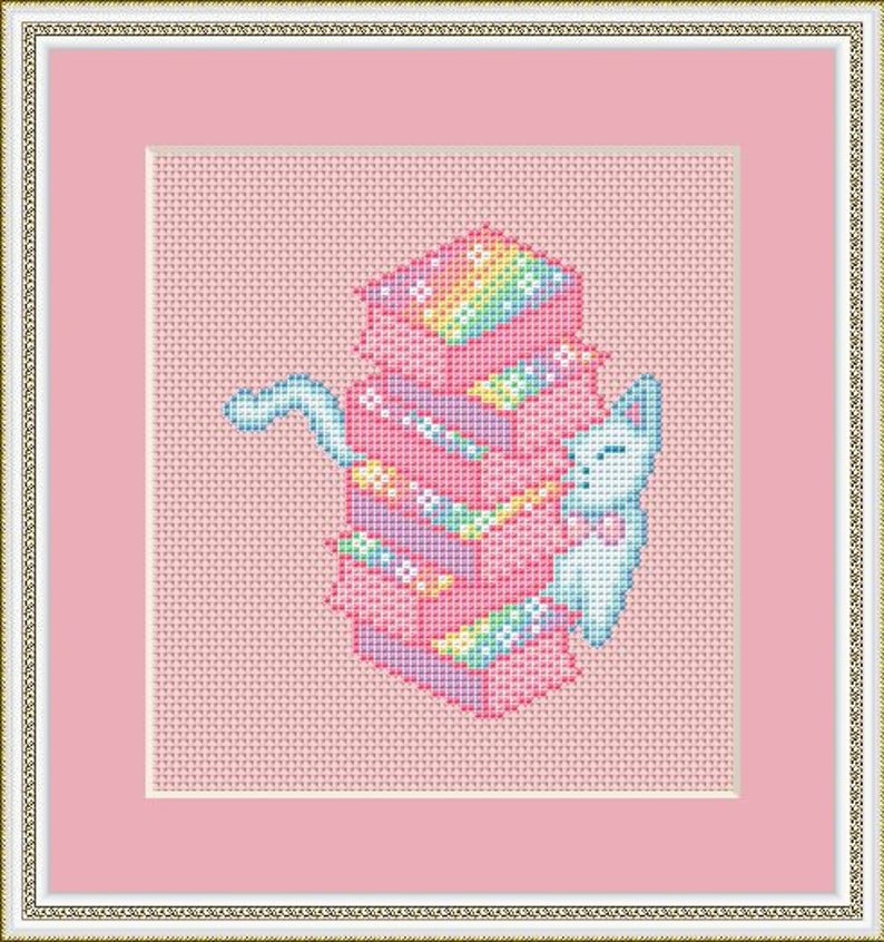 Cat Cross Stitch Pattern, Book, Pastel, Galaxy, Cute, Kawaii, Funny