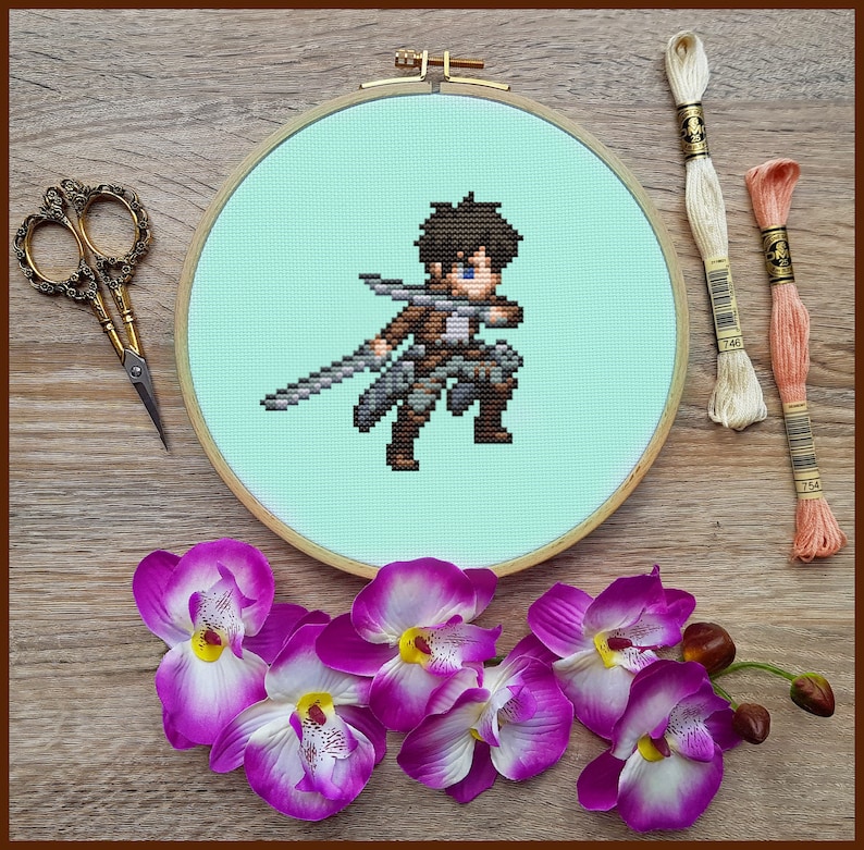 Anime Cross Stitch Pattern, Eren Cross Stitch Pattern, Pixel Cross Stitch, Japan, Cute Cross Stitch, Kawaii Cross Stitch, Counted, PDF, DMC image 1