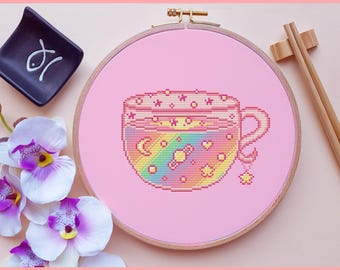 Rainbow Tea Cross Stitch Pattern, Cup, Kawaii, (PDF)