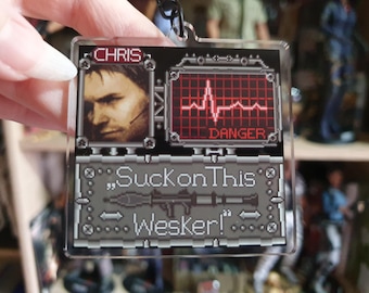 Chaveiro Chris Redfield, Chaveiro Resident Evil, Chaveiro Pixel Art, Chaveiro de Jogo, Chaveiro Gamer, Pingente para Bolsa, Presente para Gamer, BSAA, Acrílico