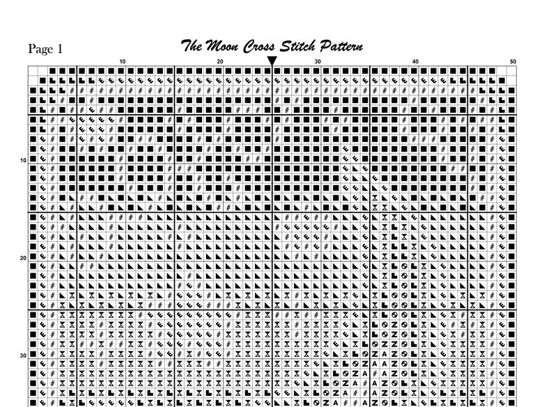 May include: A cross-stitch pattern chart titled "The Moon Cross Stitch Pattern" with a grid of symbols and numbers. The chart is on a white background and includes the text "Page 1".