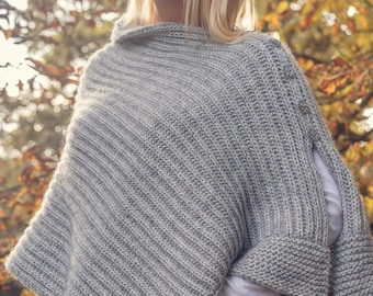 Women's Knitted Silver Grey Poncho in an Alpaca, Merino and Acrylic Mix