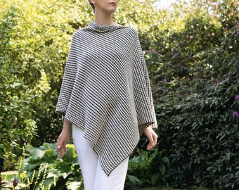 Women's Knitted Silver Grey and Black Poncho in a Merino and Silk Mix Yarn