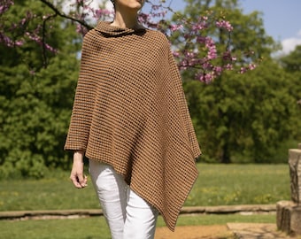 Women's Knitted Mustard and Black Poncho in a Merino and Silk Mix Yarn