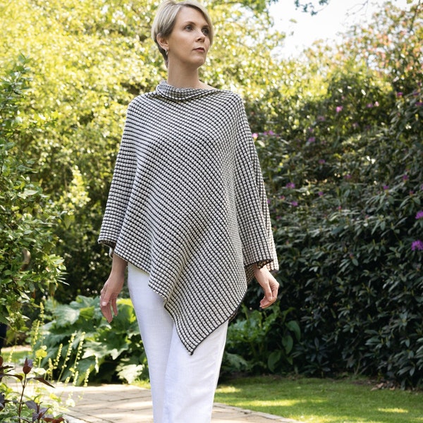 Women's Knitted Silver Grey and Black Poncho in a Merino and Silk Mix Yarn